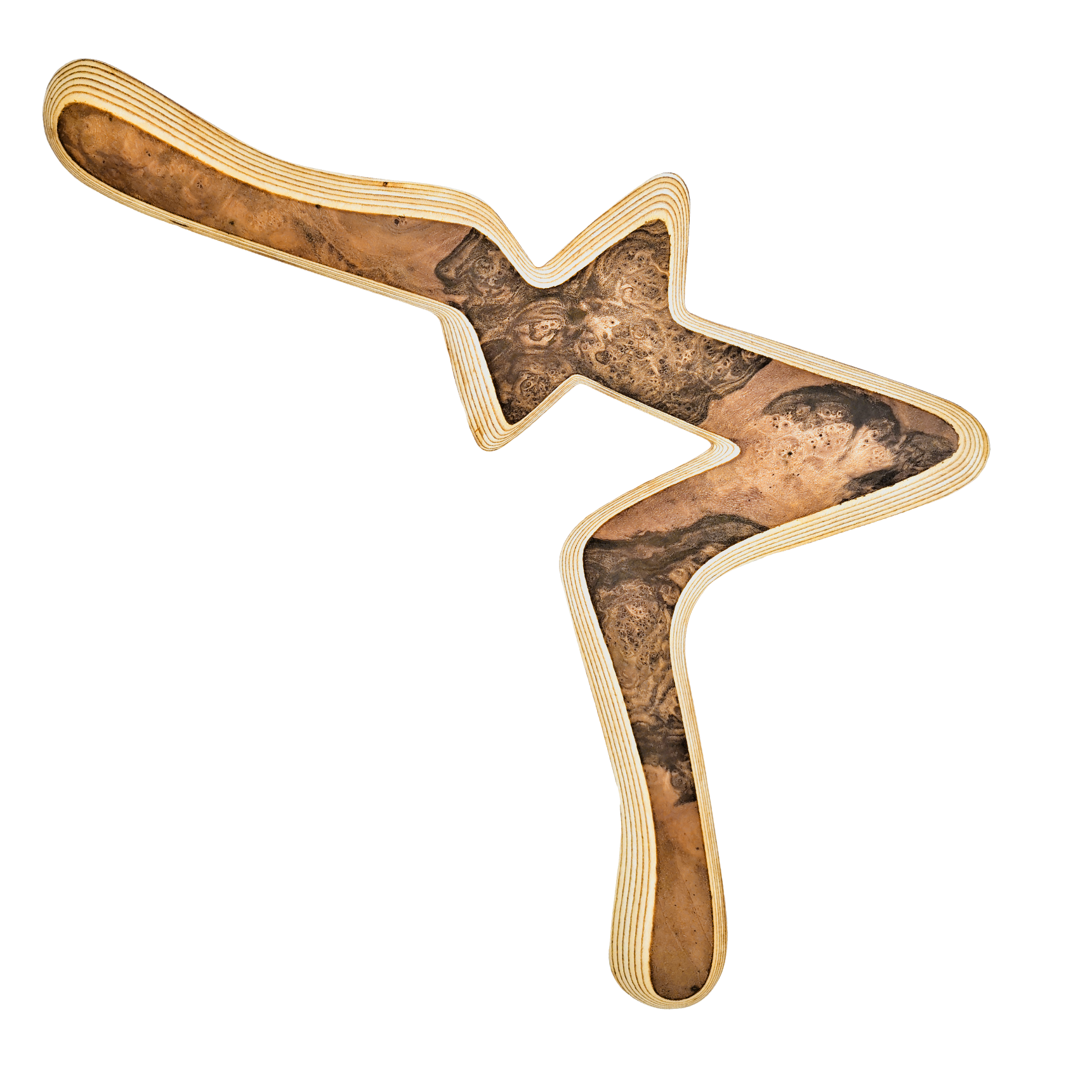 Image of Alva Dynamic Handcrafted wooden boomerang with natural burl wood grain and laminated birch plywood edges on blue background