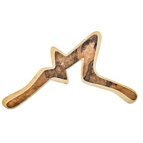 Image of Alva Boomerang straight-on Artistic star-shaped wooden boomerang with burl wood center and birch plywood arms