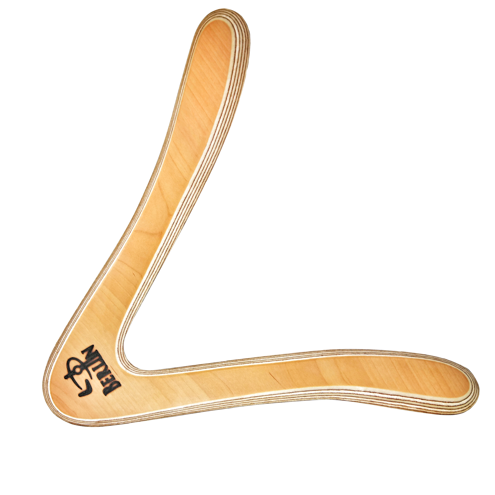Image of Berliner Boomerang Dynamic shot with 'Berlin' logo on light birch plywood surface