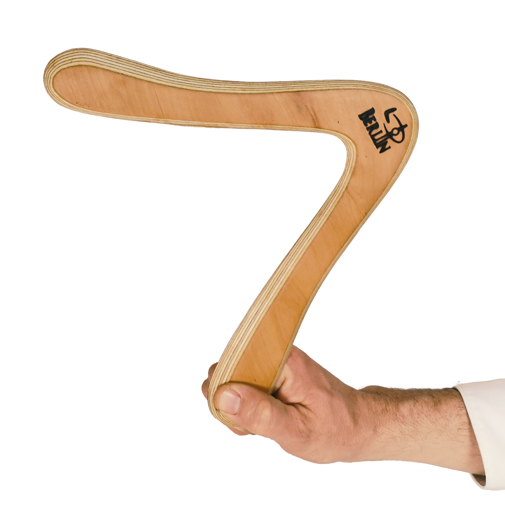Image of Berliner Size Comparison, Hand gripping wooden returning boomerang with "Berlin" brand marking on maple plywood