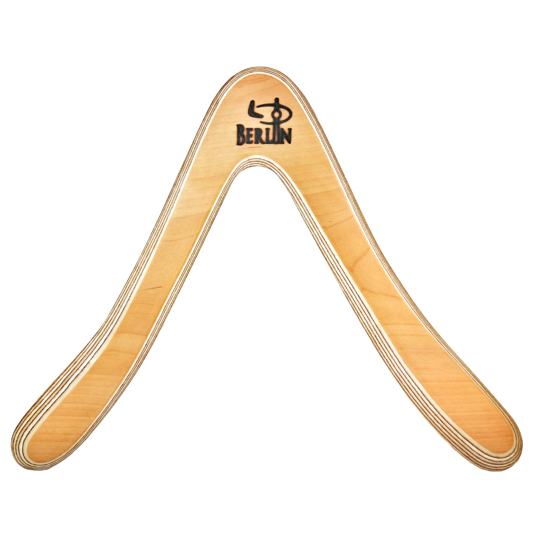 Image of Berliner Straight-On wooden boomerang with "Berlin" logo and light maple wood finish