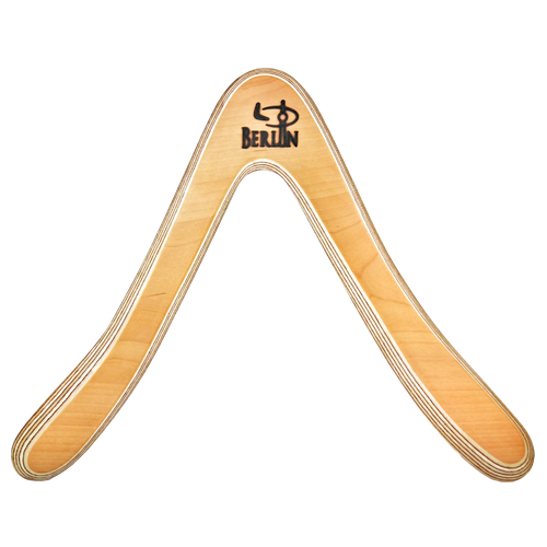 Image of Berliner Straight-On wooden boomerang with "Berlin" logo and light maple wood finish