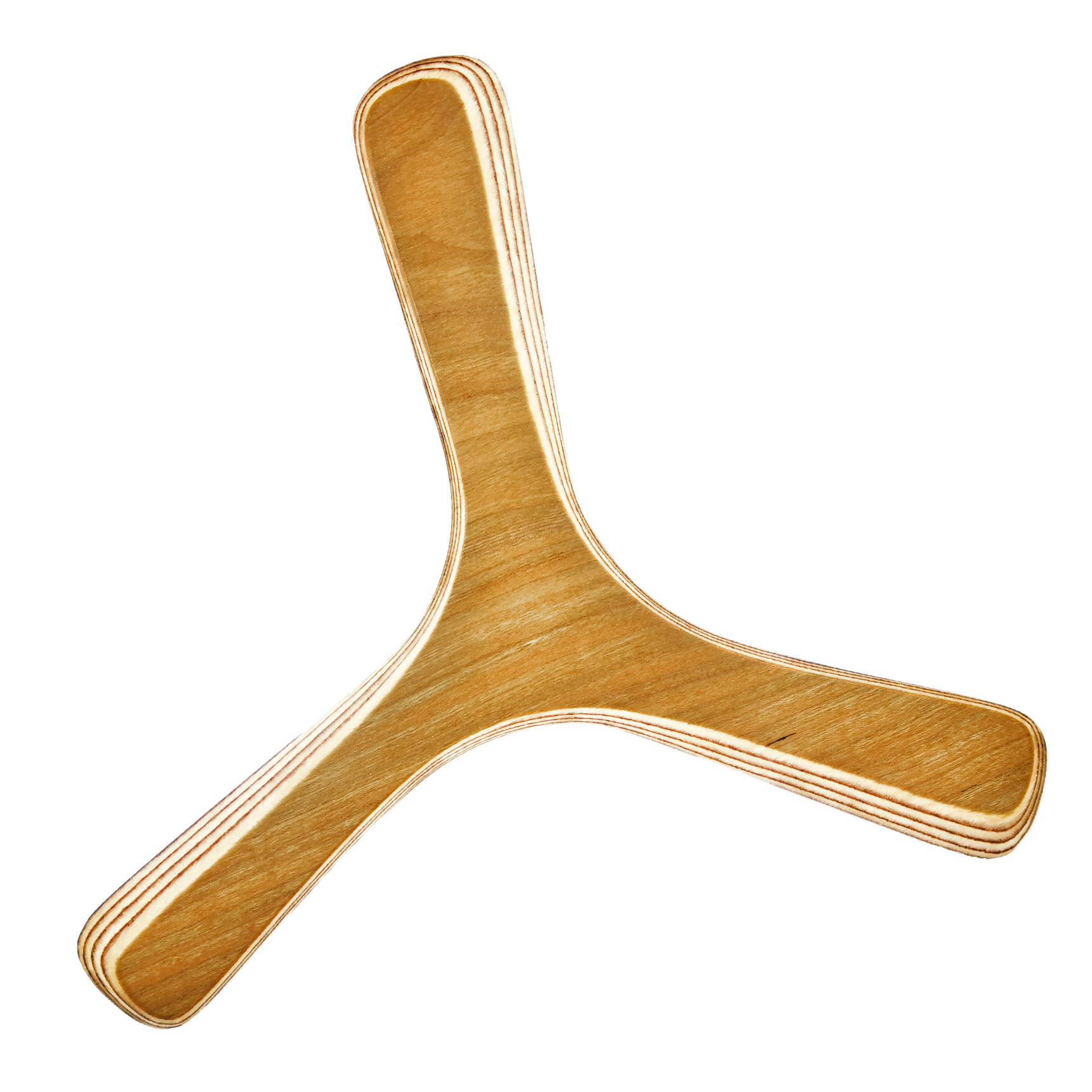 Image of Cloud-Catcher Boomerang Straight-on shot, laminated plywood boomerang curve with natural wood grain