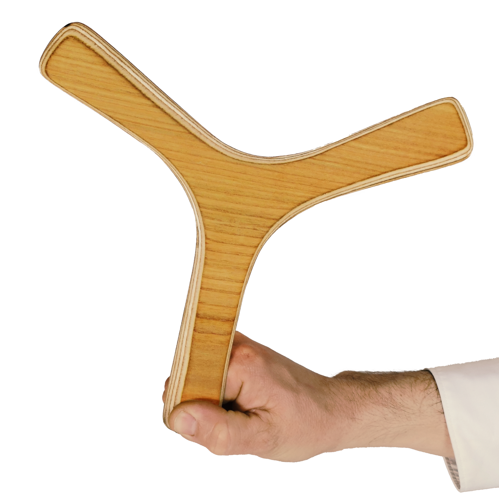 Image of Cloud Catcher Boomerang size comparison shot, tri-blade boomerang in light ash wood with visible grain patterns