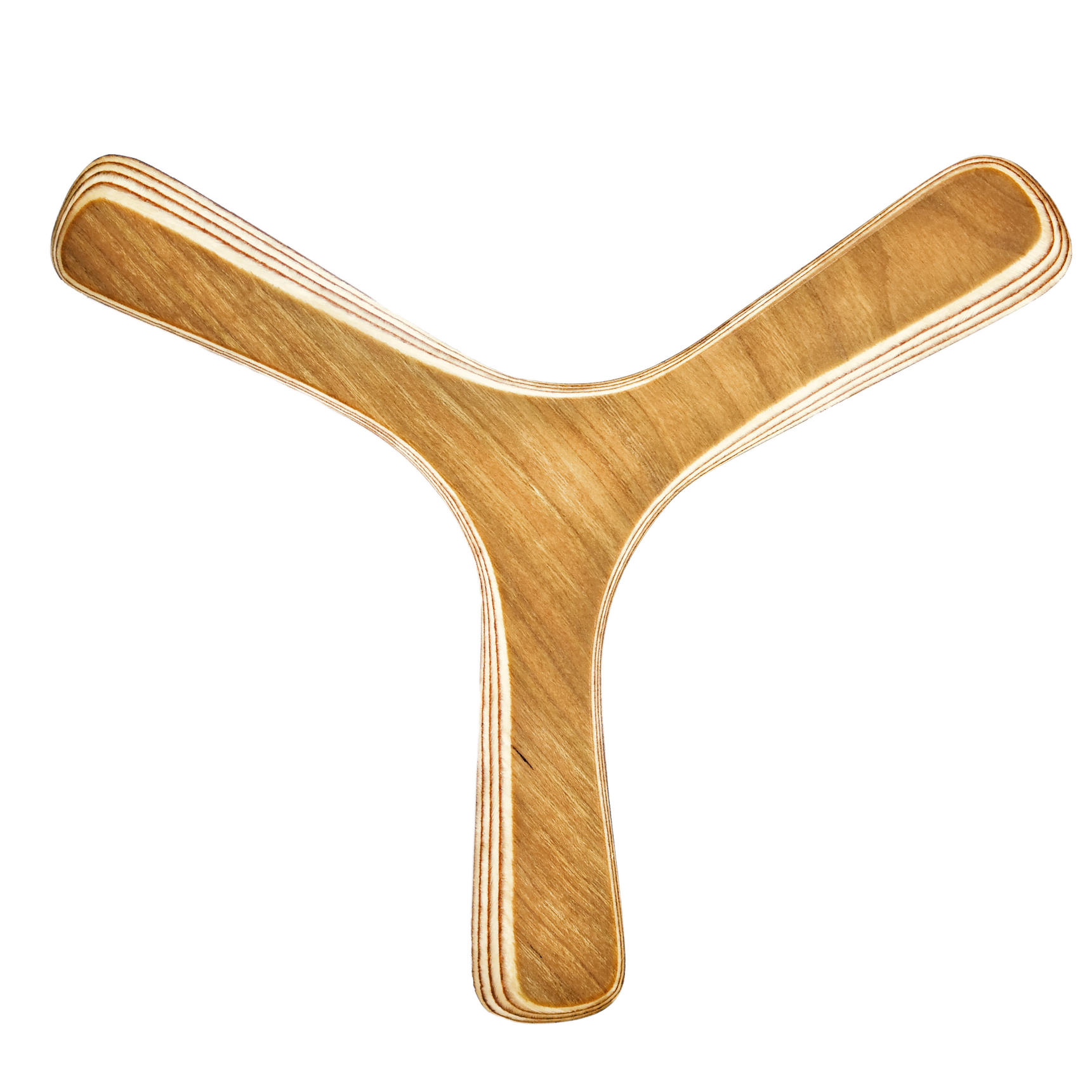Image of Cloud Catcher Boomerang Straight-on shot with Three-armed wooden boomerang, natural ash wood grain and plywood construction