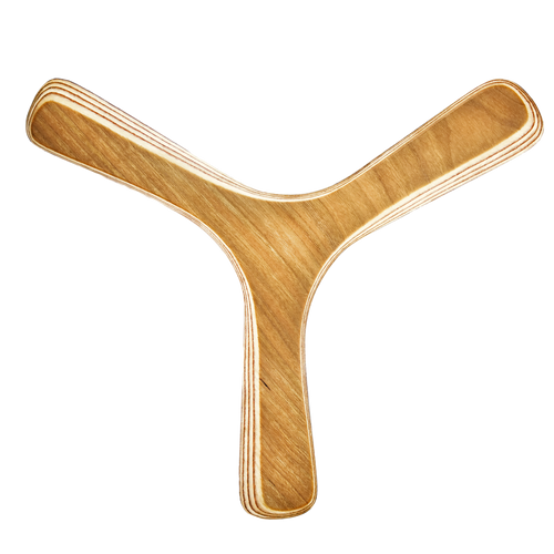Image of Cloud Catcher Boomerang Straight-on shot with Three-armed wooden boomerang, natural ash wood grain and plywood construction