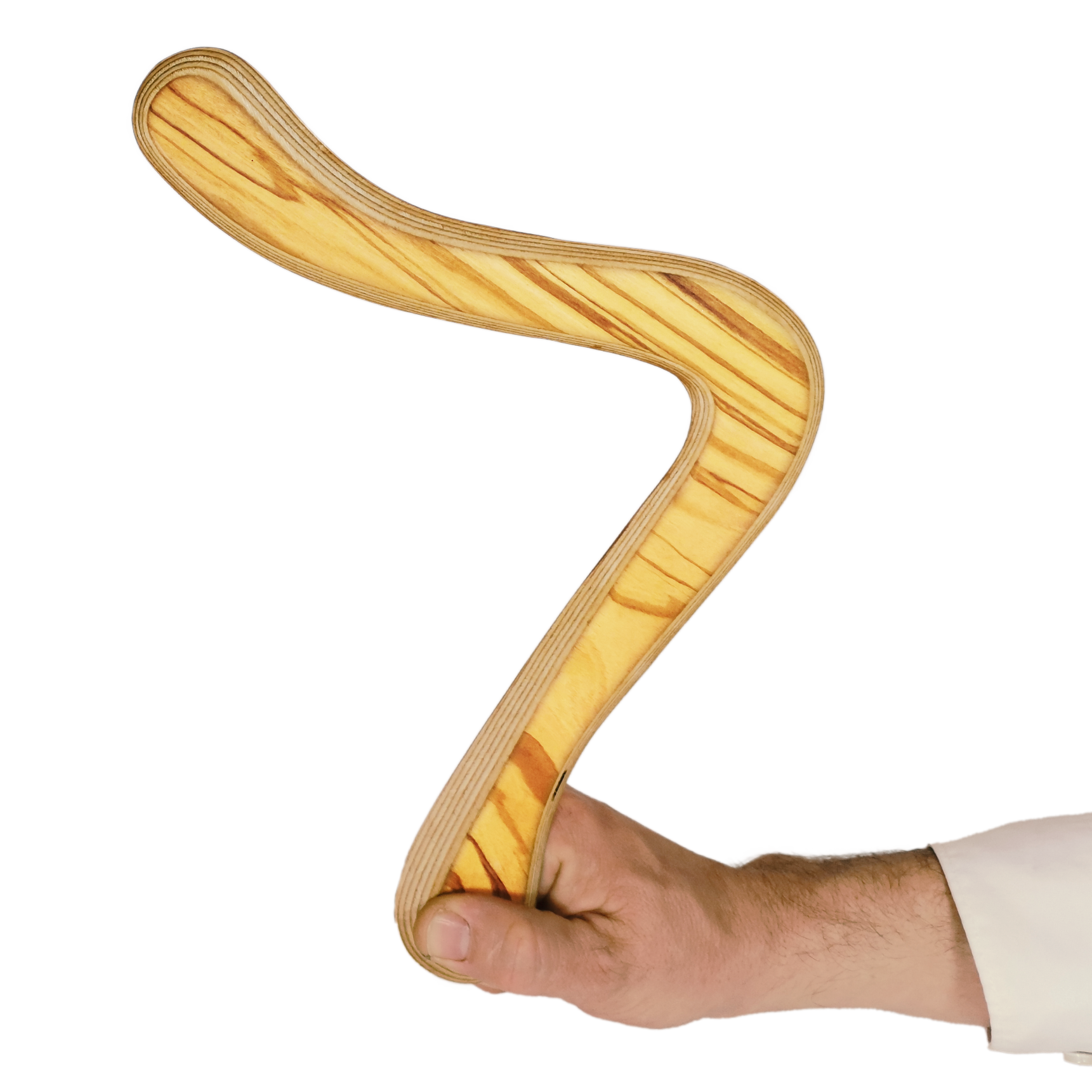 Image of Moilanen Arc size comparison shot , hand demonstrating curved pine wood boomerang with striped grain texture