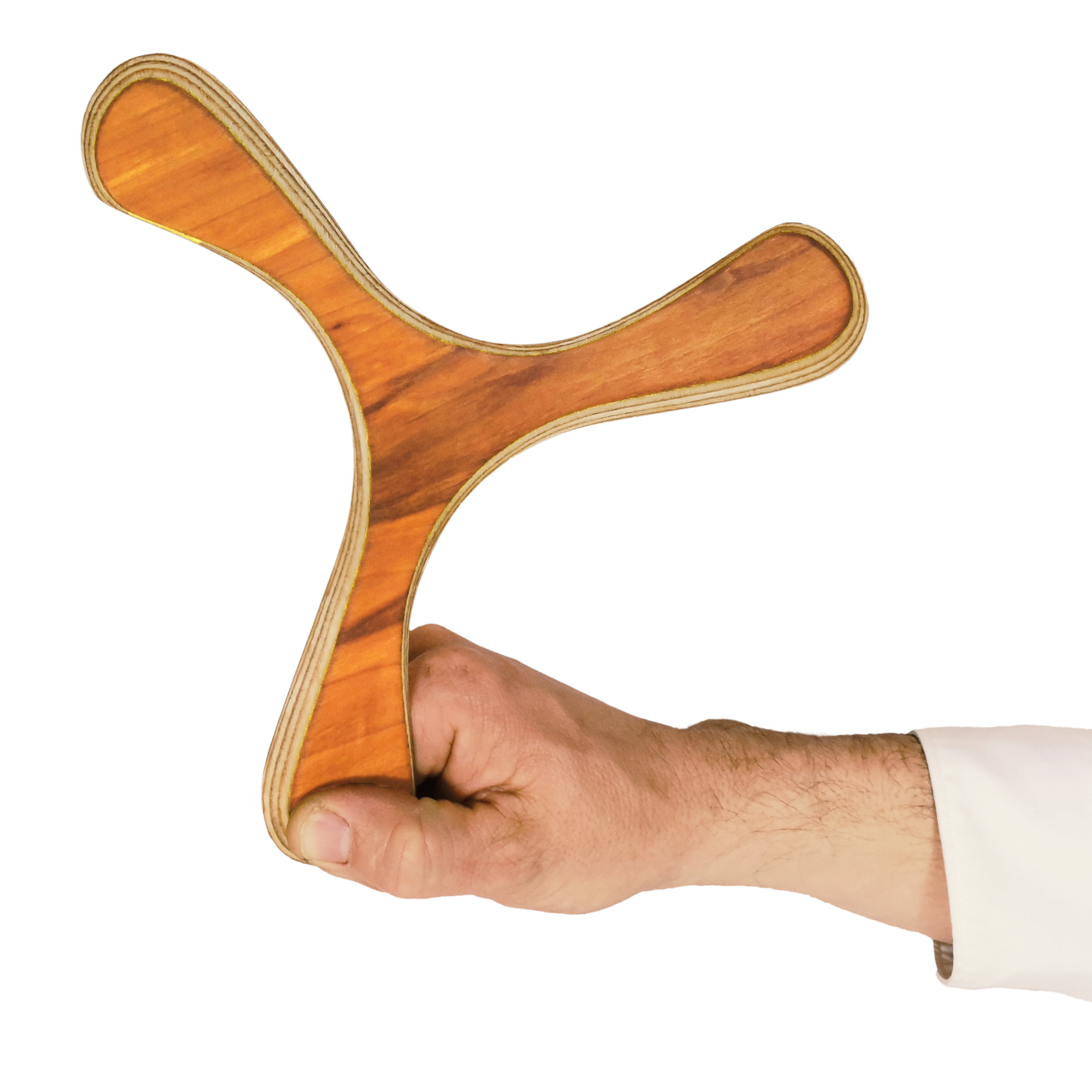 Image of Kugelblitz - Boomerang size comparison shot with Hand holding Y-shaped walnut boomerang having dark wood grain patterns
