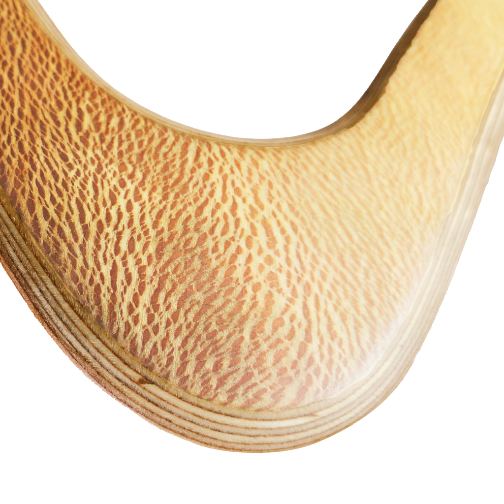 Image of Leopard  Boomerang close-up shot with elbow revealing intricate lace-like wood grain texture