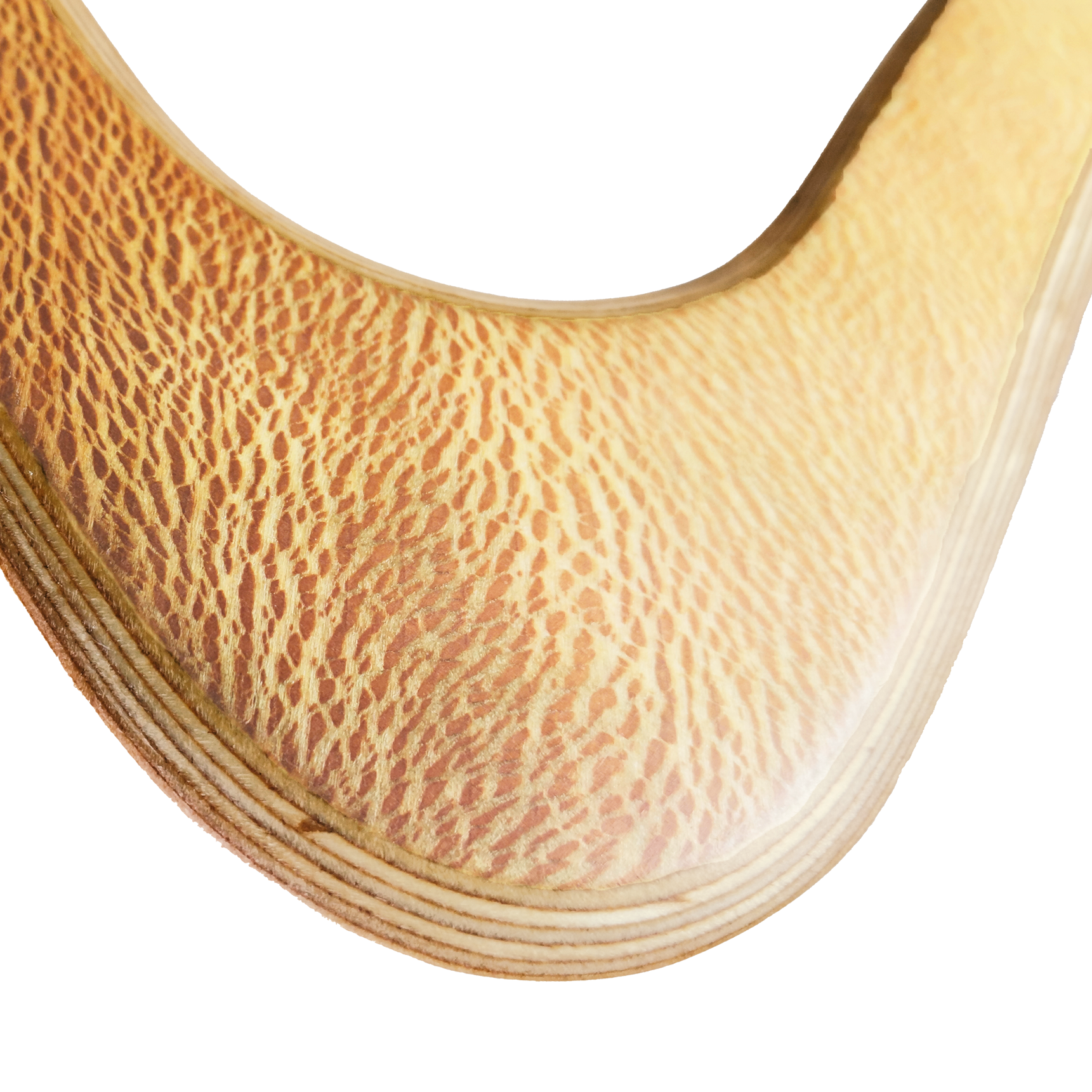 Image of Leopard  Boomerang close-up shot with elbow revealing intricate lace-like wood grain texture