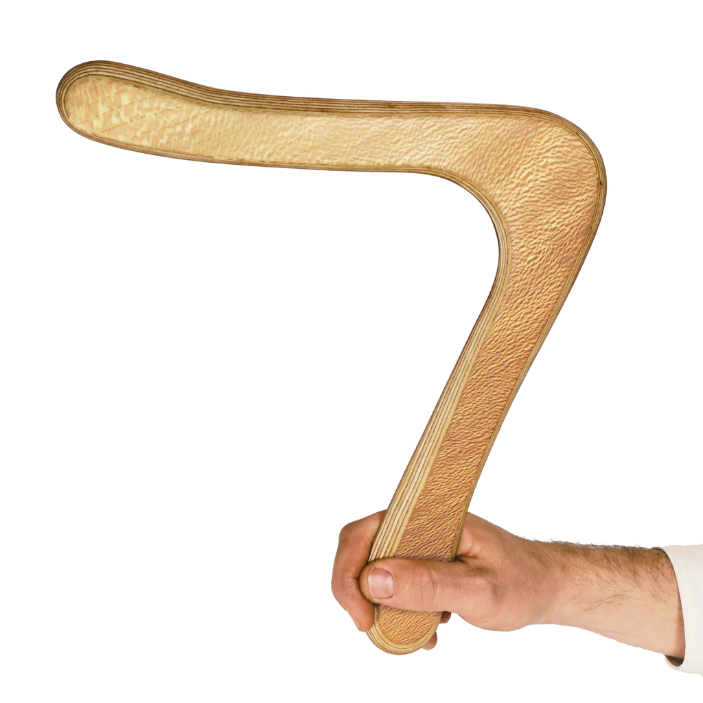 Image of Leopard  Boomerang size comparison shot with Hand gripping right-angle, lace wood showing textured leopard wood grain pattern