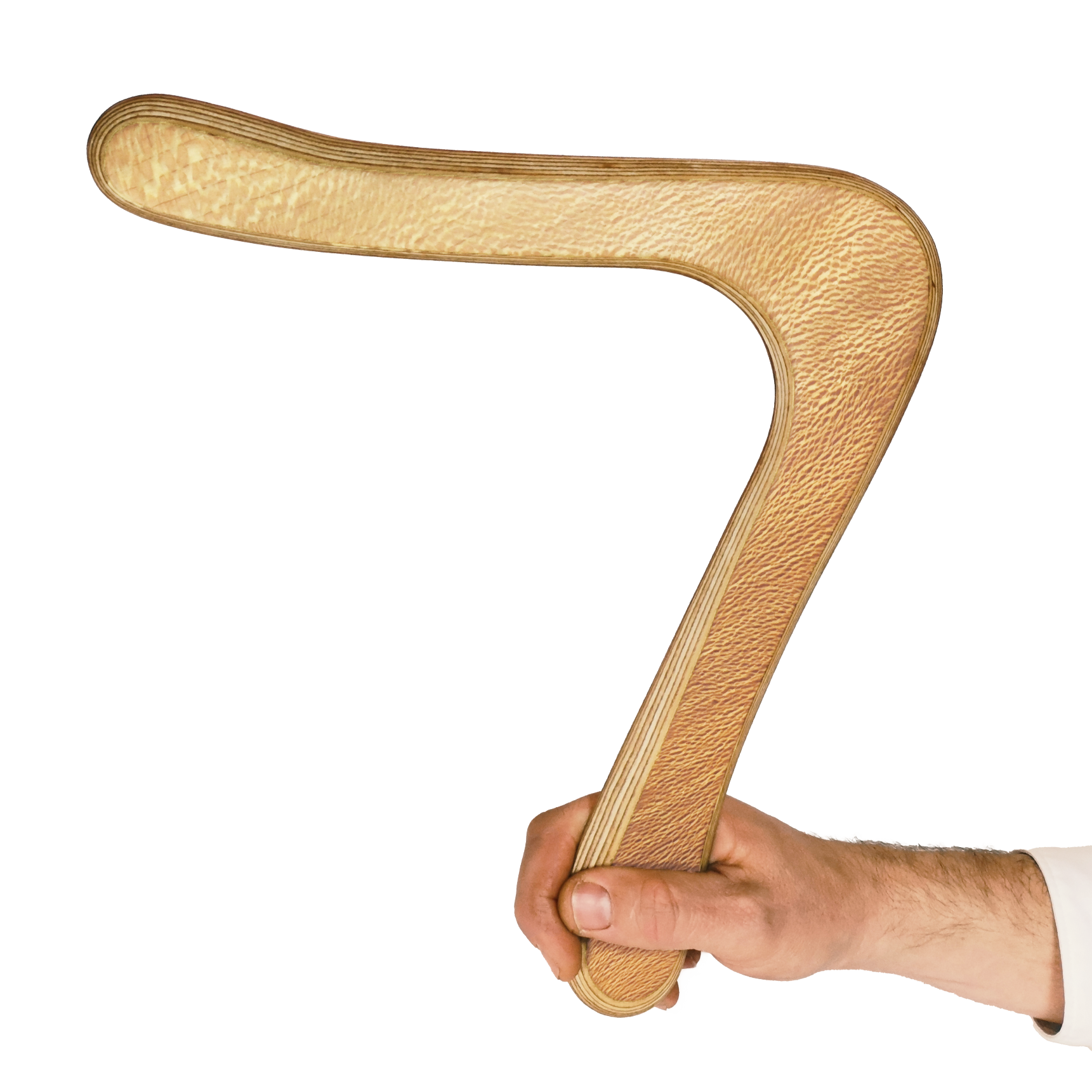 Image of Leopard  Boomerang size comparison shot with Hand gripping right-angle, lace wood showing textured leopard wood grain pattern