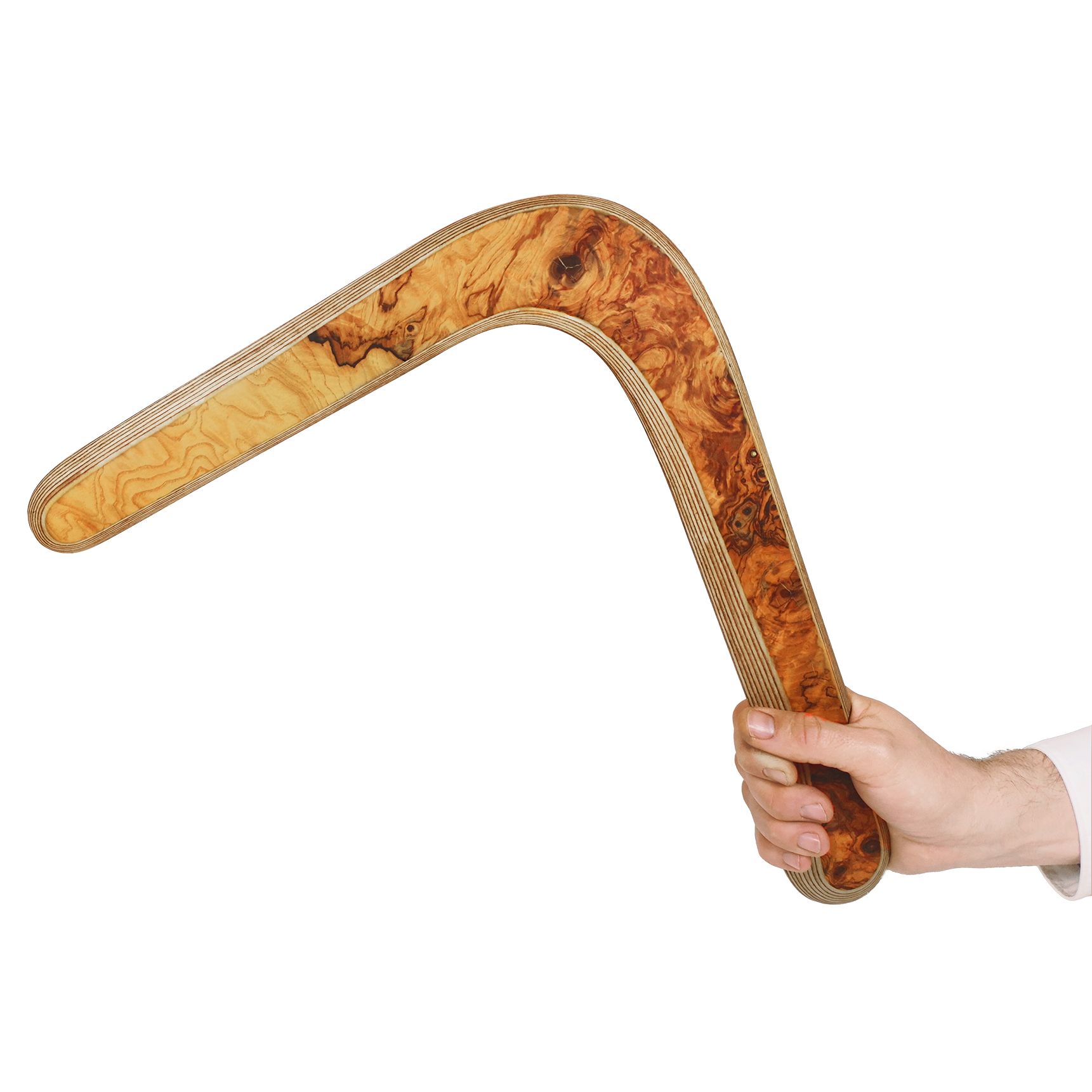 Image of Majestro size comparison shot a Hand holding angular olive wood boomerang image with rich marbled burl wood texture