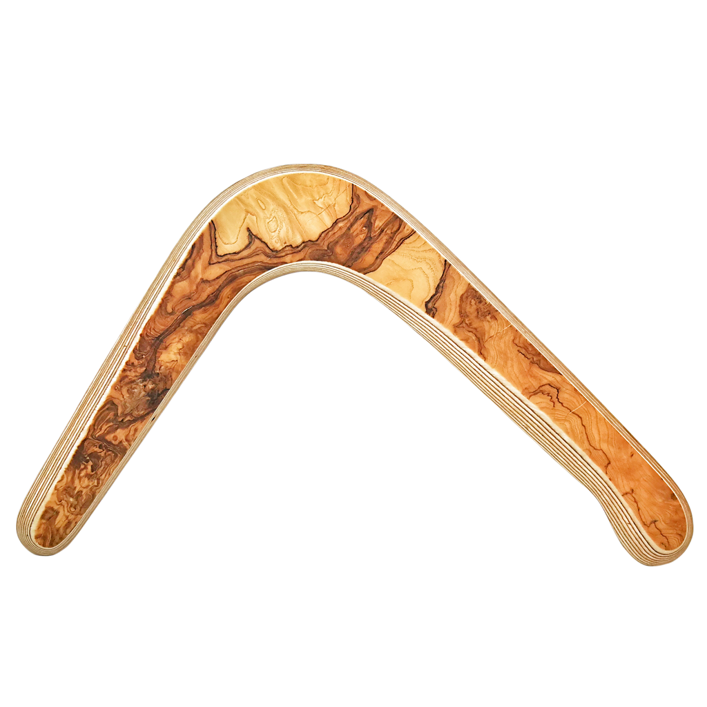 Image of Majestro Boomerang straight-on with Wide-angle olive wood displaying natural swirl patterns and laminated birch edges