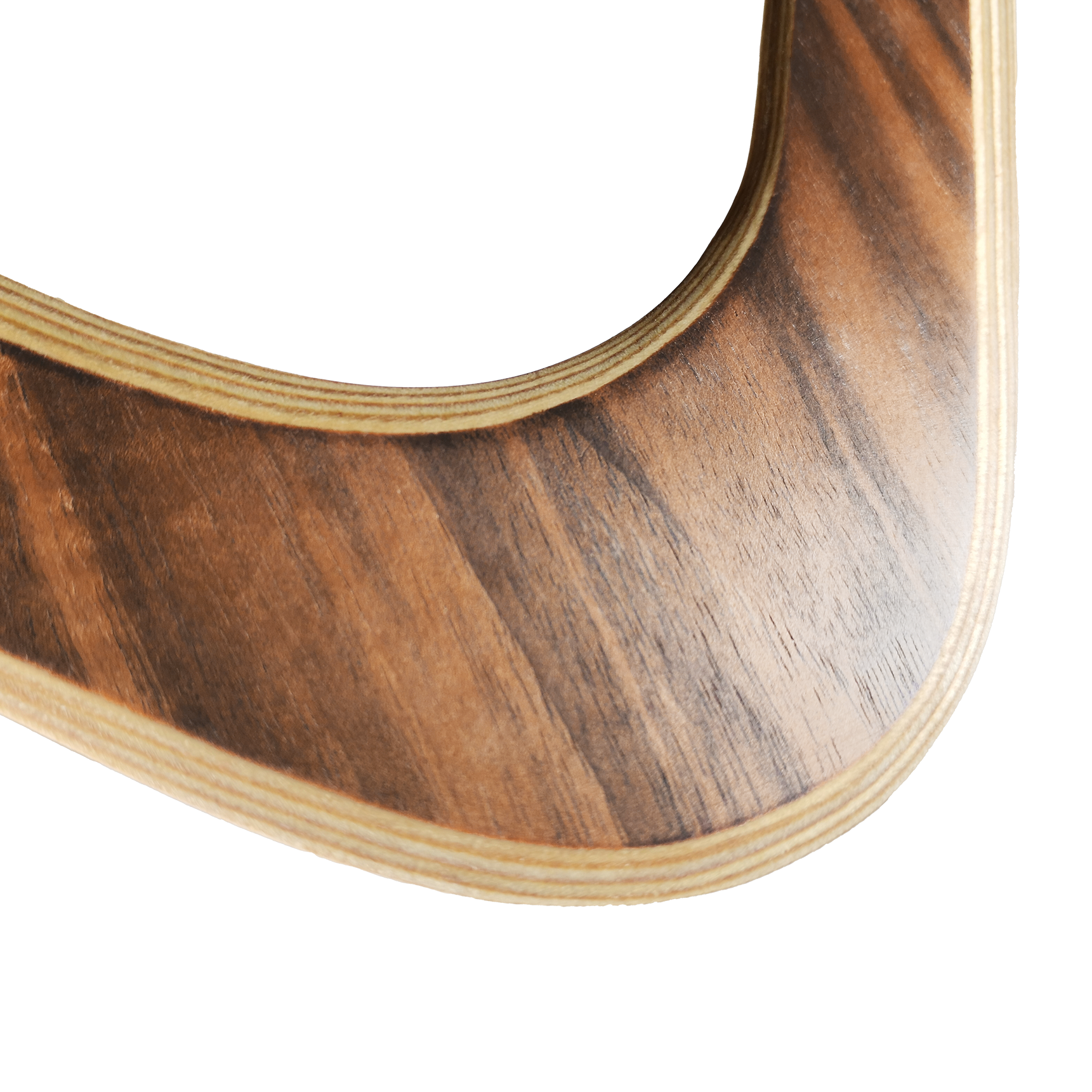 Image of Sky Scraper Close-up of walnut boomerang inner curve with visible wood grain and smooth finish