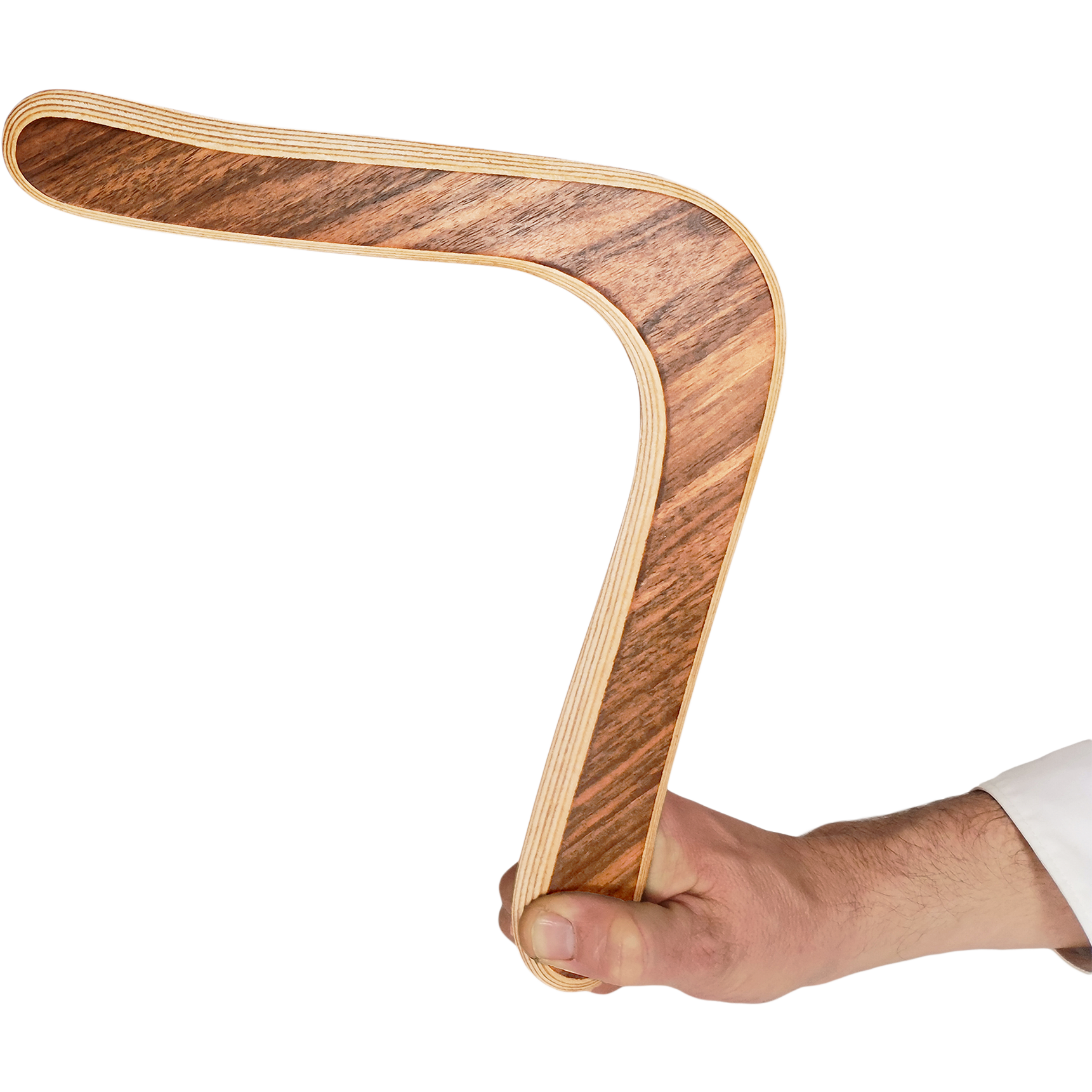 Image of Sky Scraper size comparison shot showing hand gripping angled oak,  displaying wood texture and throwing position