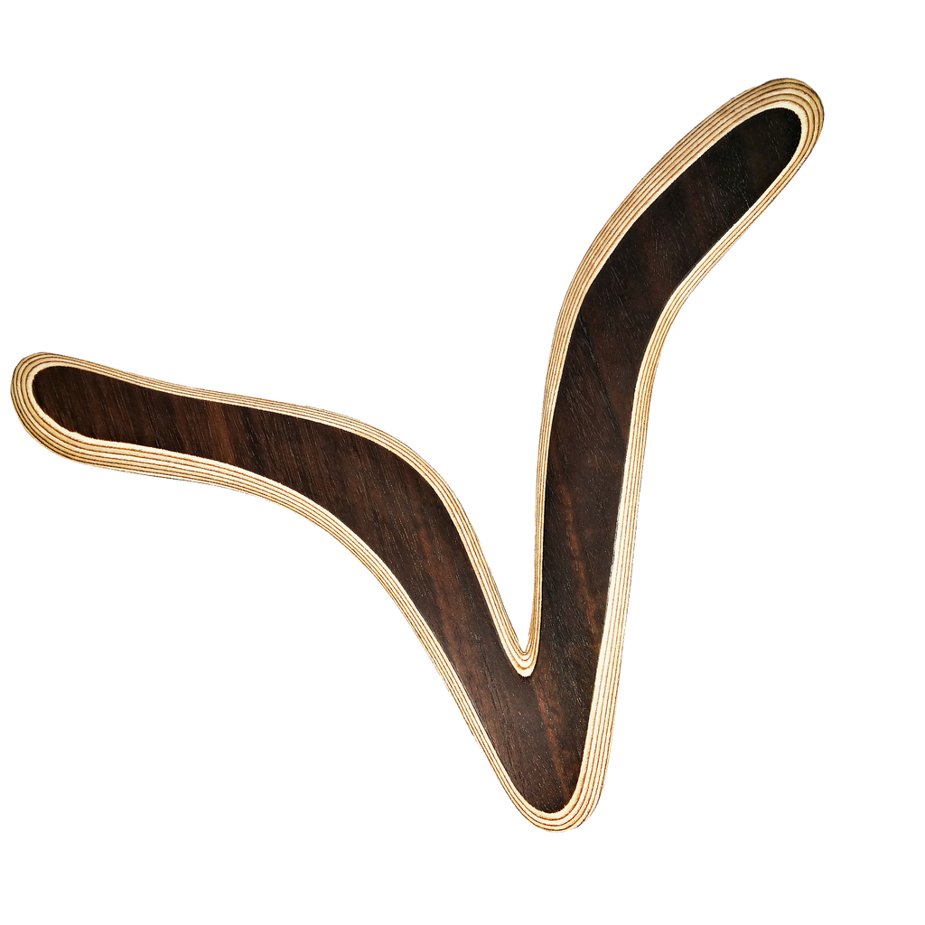 Image of Venezia Boomerang dynamic shot looking  V-shaped with rosewood reddish-brown tones and dark grain patterns