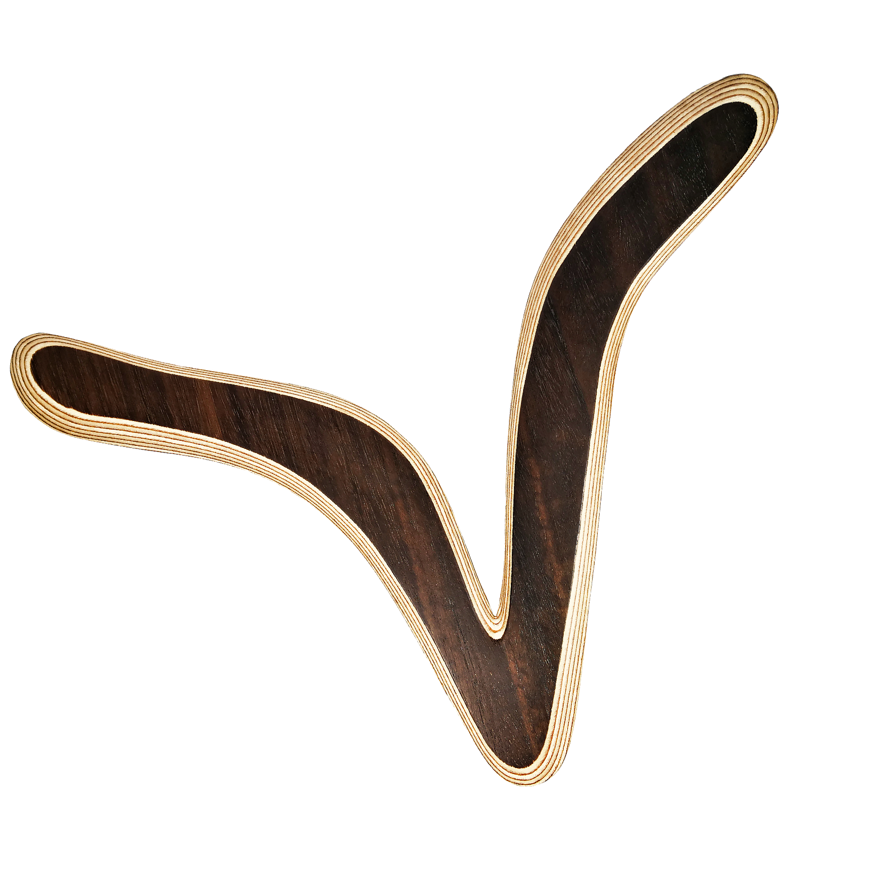 Image of Venezia Boomerang dynamic shot looking  V-shaped with rosewood reddish-brown tones and dark grain patterns