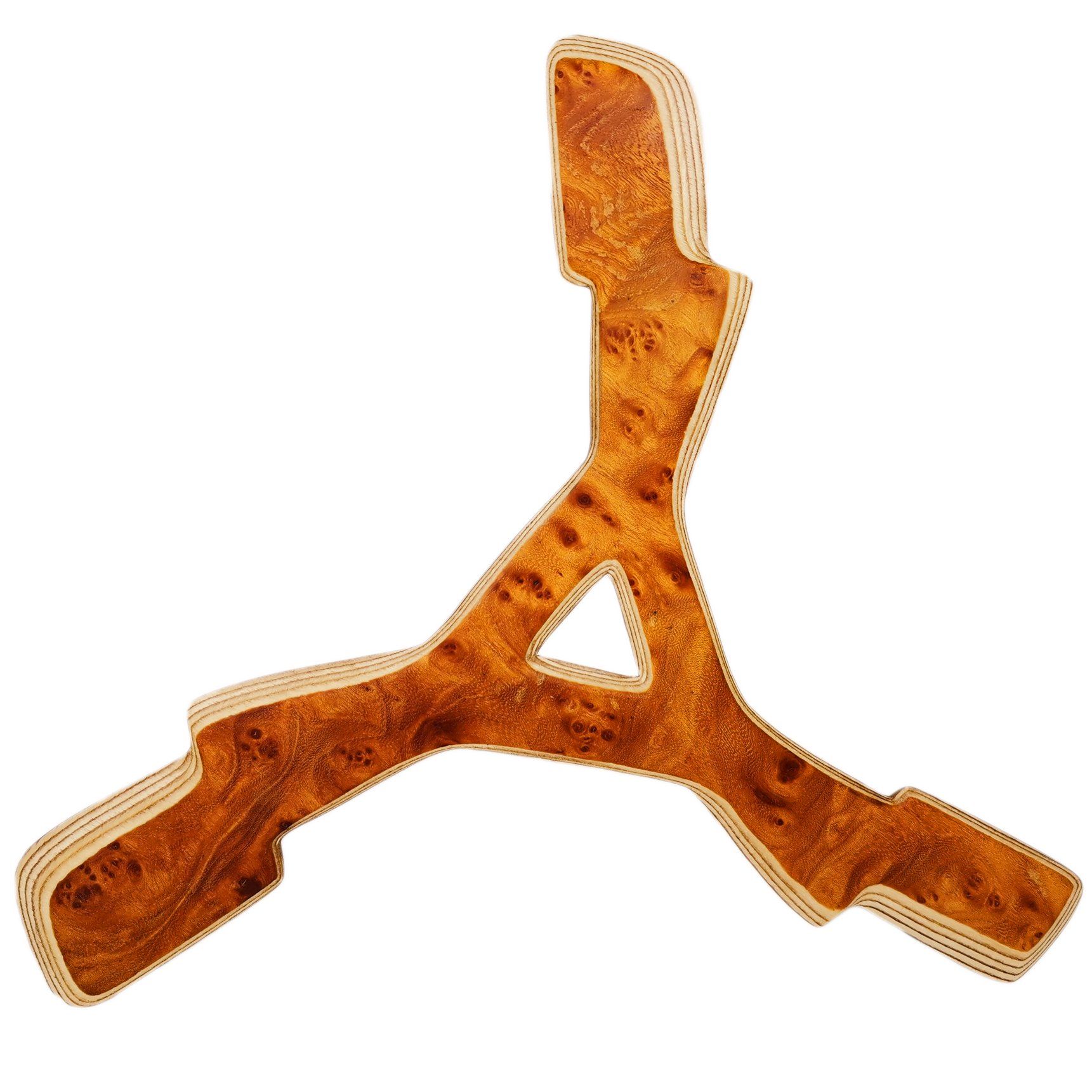 Image of Zeus straight-on shot with  three-arm Karelian birch burl, triangular center cutout and golden eye patterns